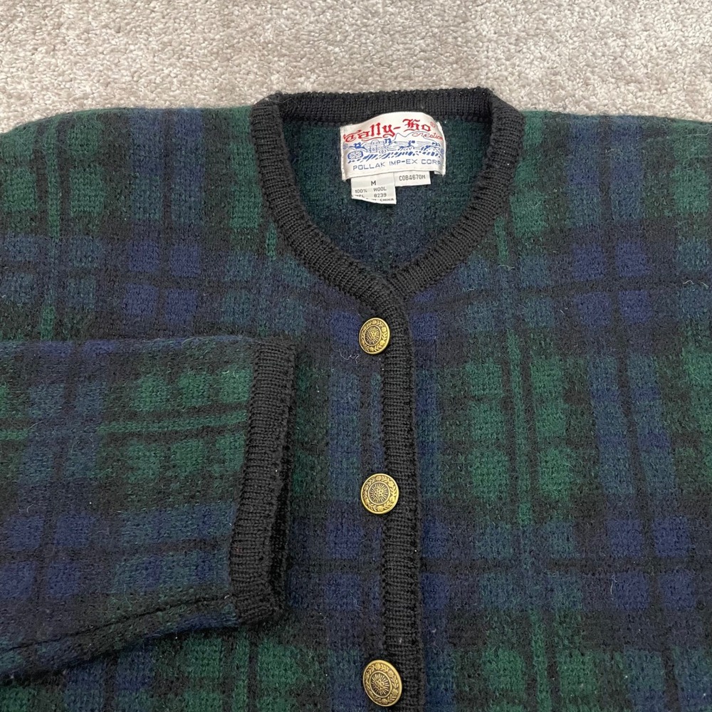 Vintage Tally Ho Wool Sweater Womens Medium Black Watch Plaid Dark Academia